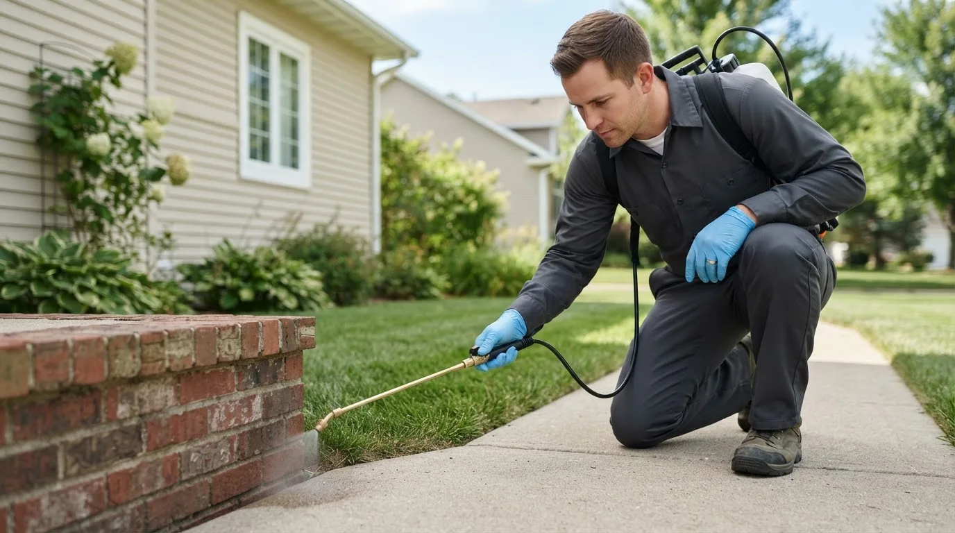 Pest control technician treating a home near Lowndesville, SC