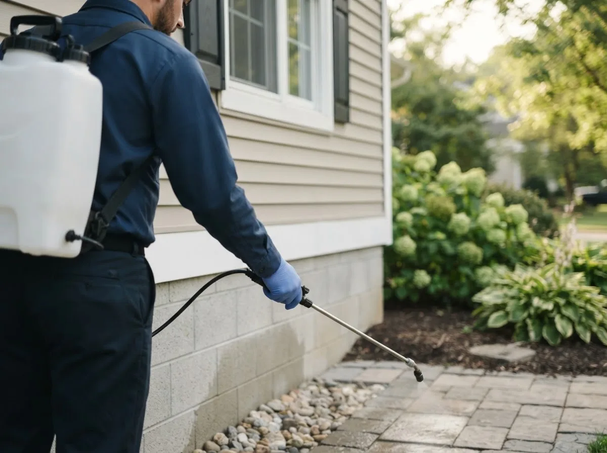 Pest control technician inspecting a home in Lowndesville, SC